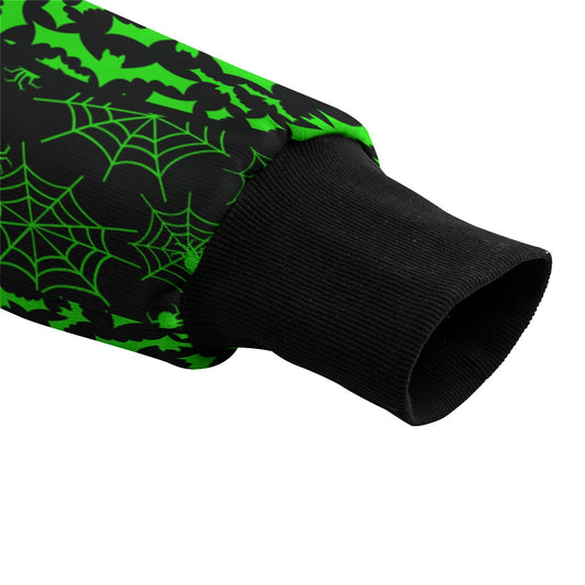 Neon Green Split Bat & Spiderweb Fleece Bomber Jacket spookydoll