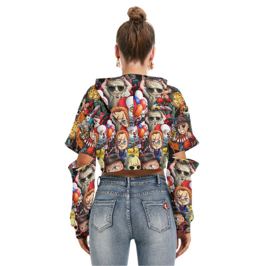 Chibi Horror Crop Hoodie With Hollow Out Sleeve