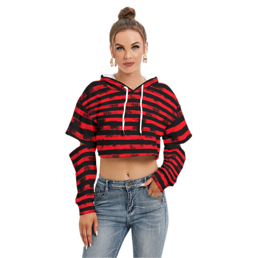 Red Stripe Crop Hoodie With Hollow Out Sleeve