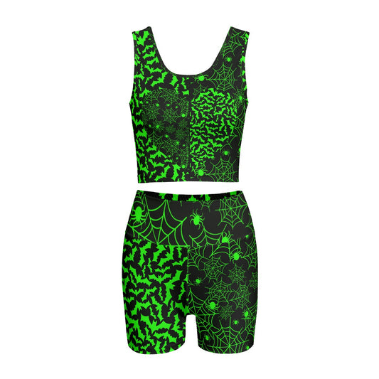 Neon Green Split Bat & Spiderweb Yoga Sets spookydoll