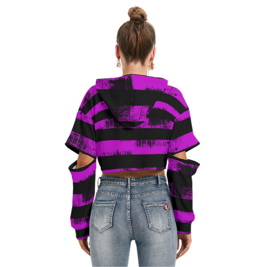 Purple Stripe Crop Hoodie With Hollow Out Sleeve