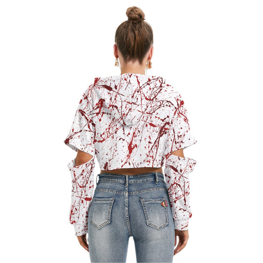 Bloody White Crop Hoodie With Hollow Out Sleeve