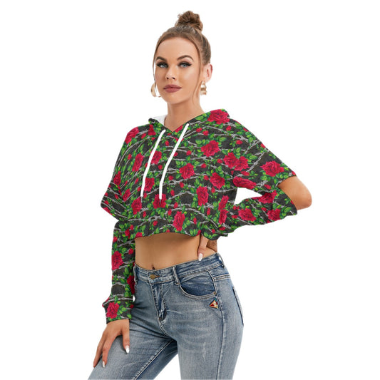 Barbed Wire Rose Crop Hoodie With Hollow Out Sleeve