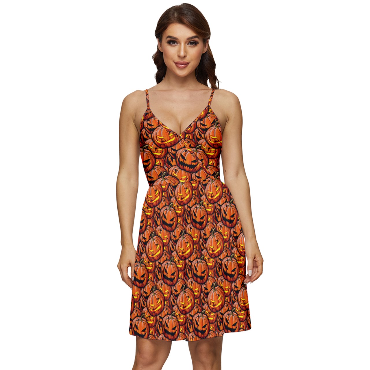 Pumpkin & Spider V-Neck Pocket Dress