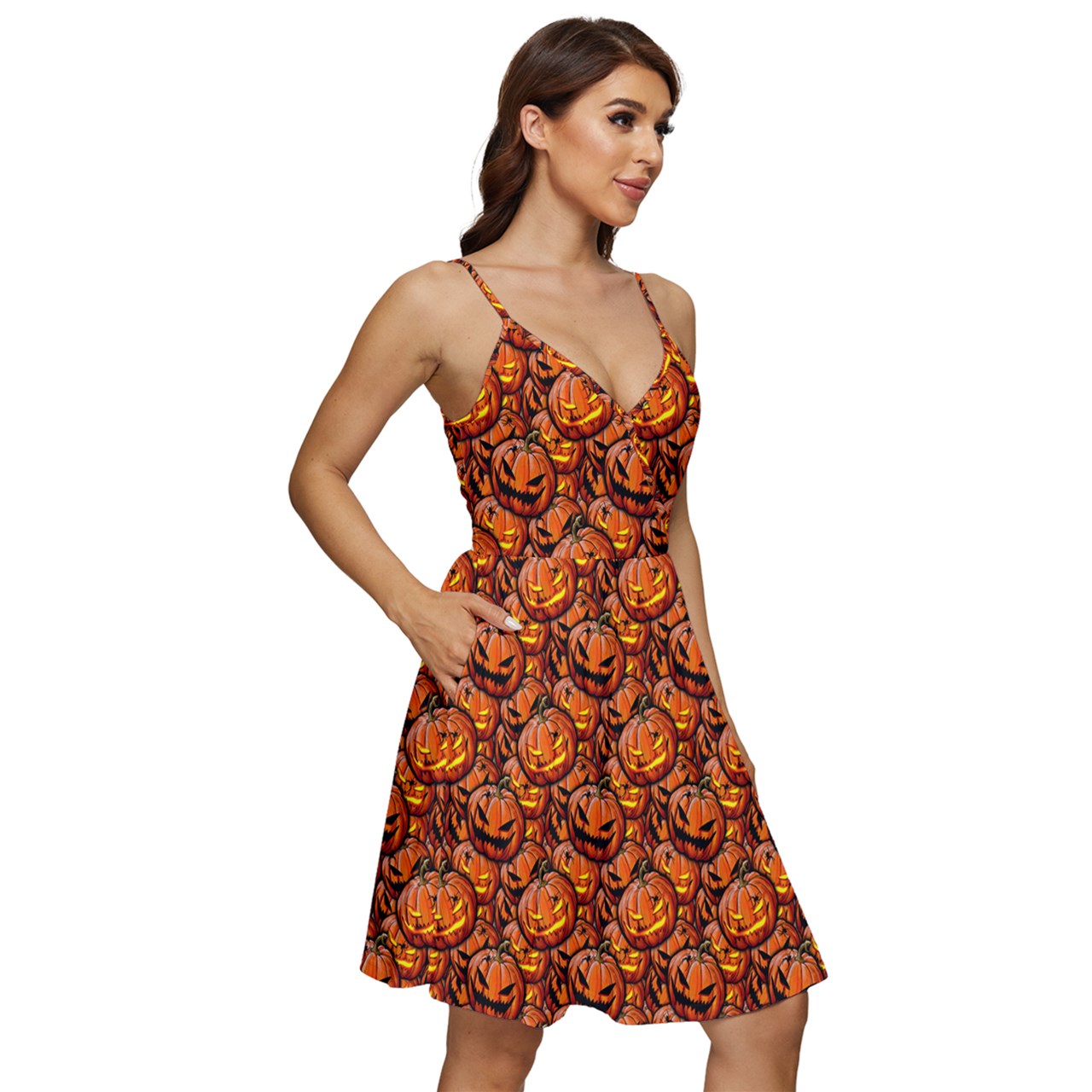 Pumpkin & Spider V-Neck Pocket Dress
