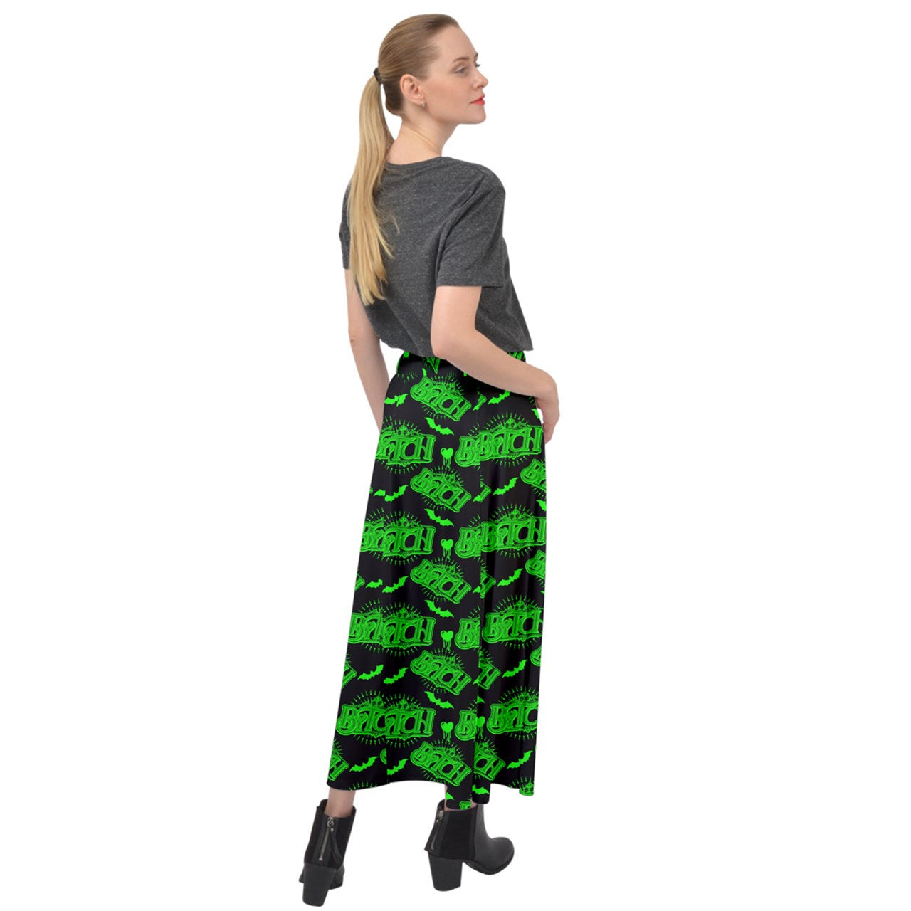 Bit*h Green Velour Split Maxi Skirt