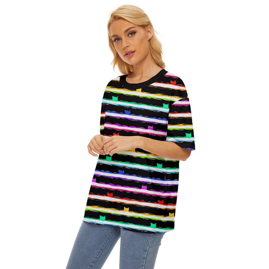 Stripe Cat Rainbow Oversized Basic T-Shirt
