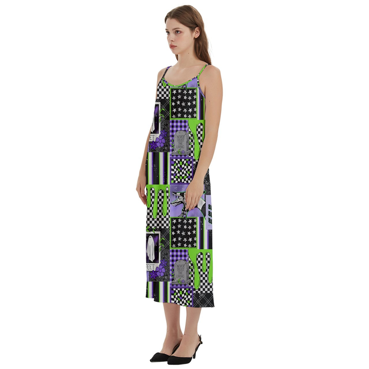 Beetlejuice patchwork Spaghetti Strap Midi Dress