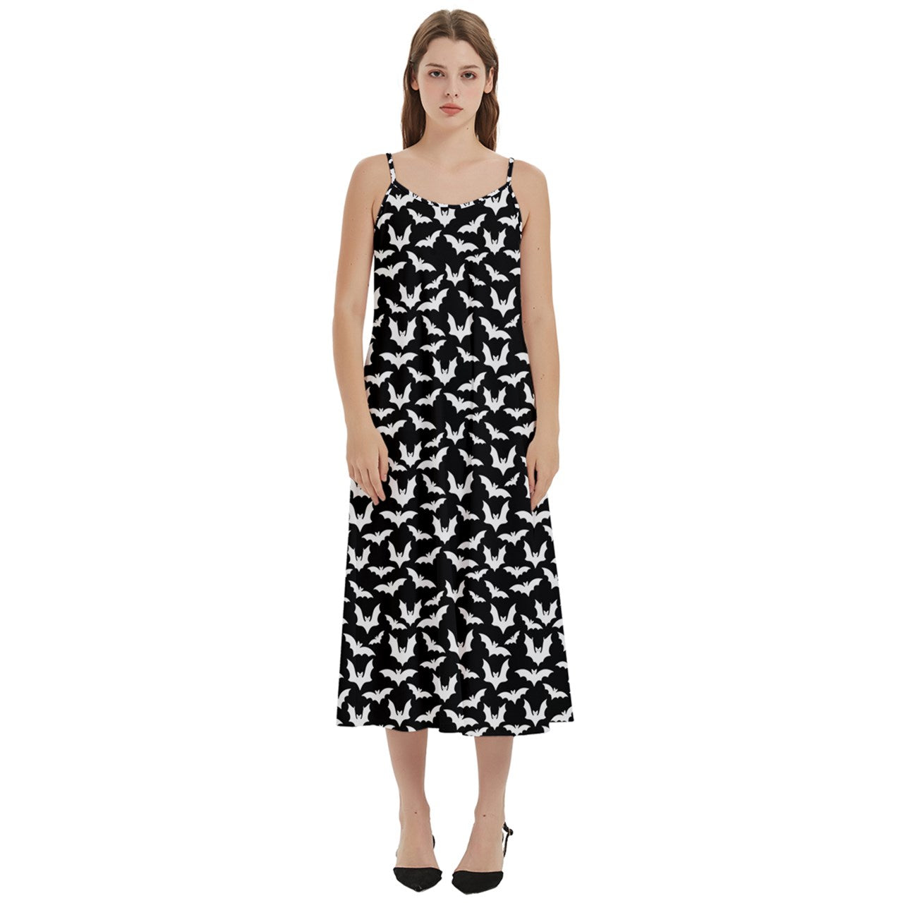 B&W Bat Spaghetti Strap Midi Dress