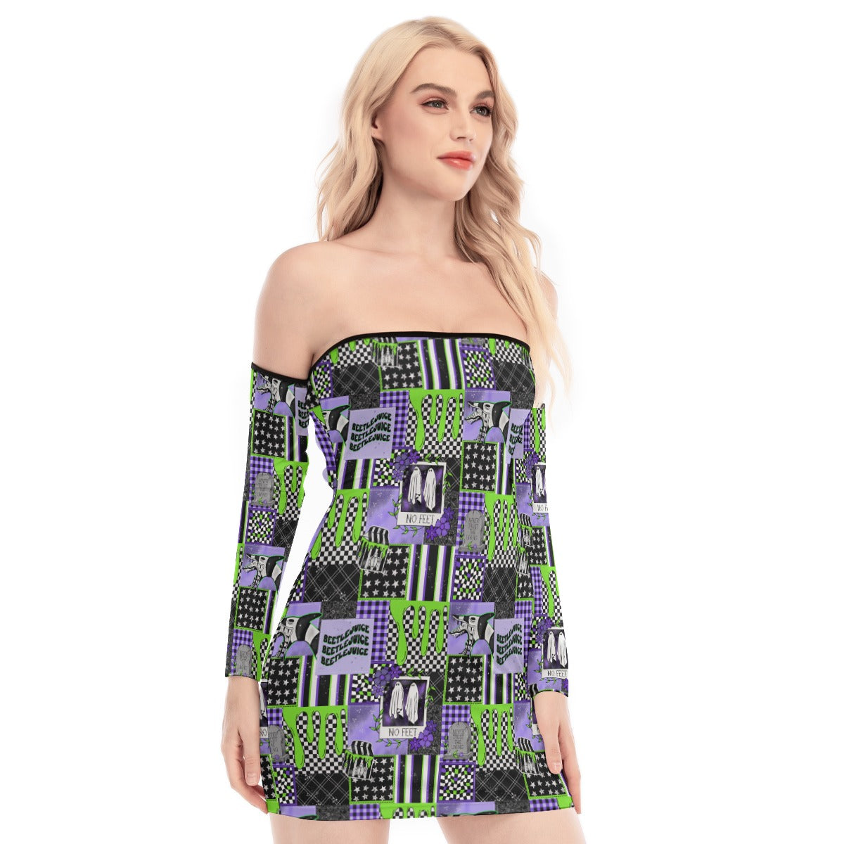 Beetlejuice Patchwork off shoulder Back Lace-up Dress