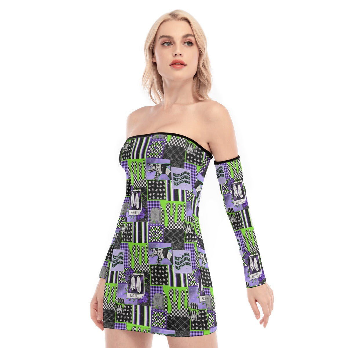 Beetlejuice Patchwork off shoulder Back Lace-up Dress