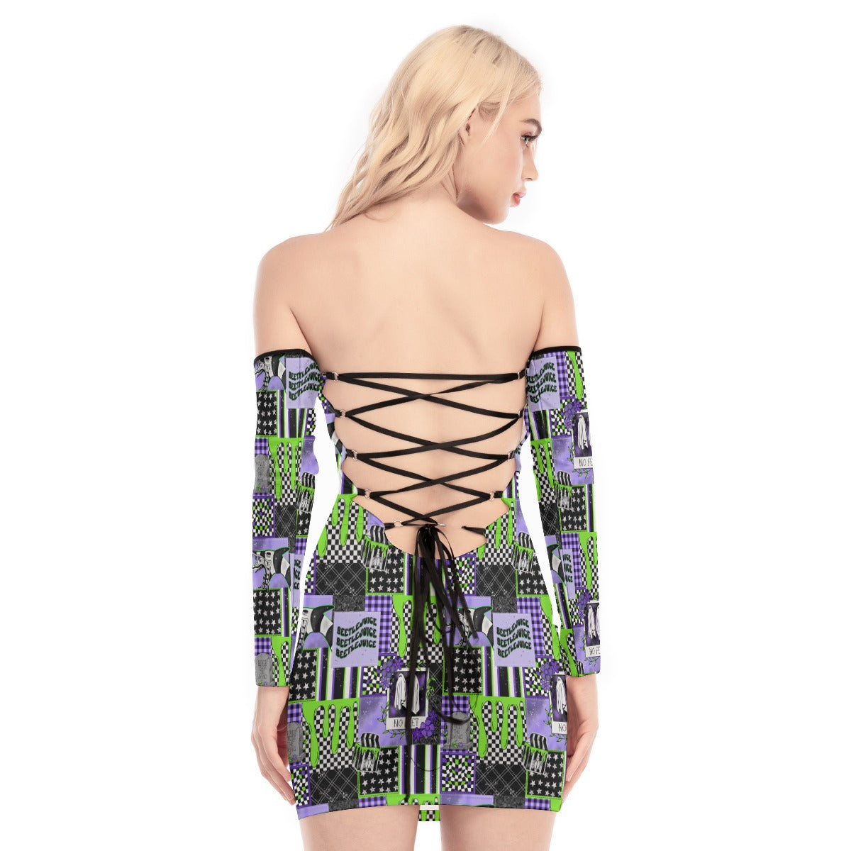 Beetlejuice Patchwork off shoulder Back Lace-up Dress