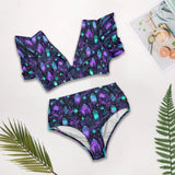 crystal blue&purple v-neck ruffle sleeve bikinii