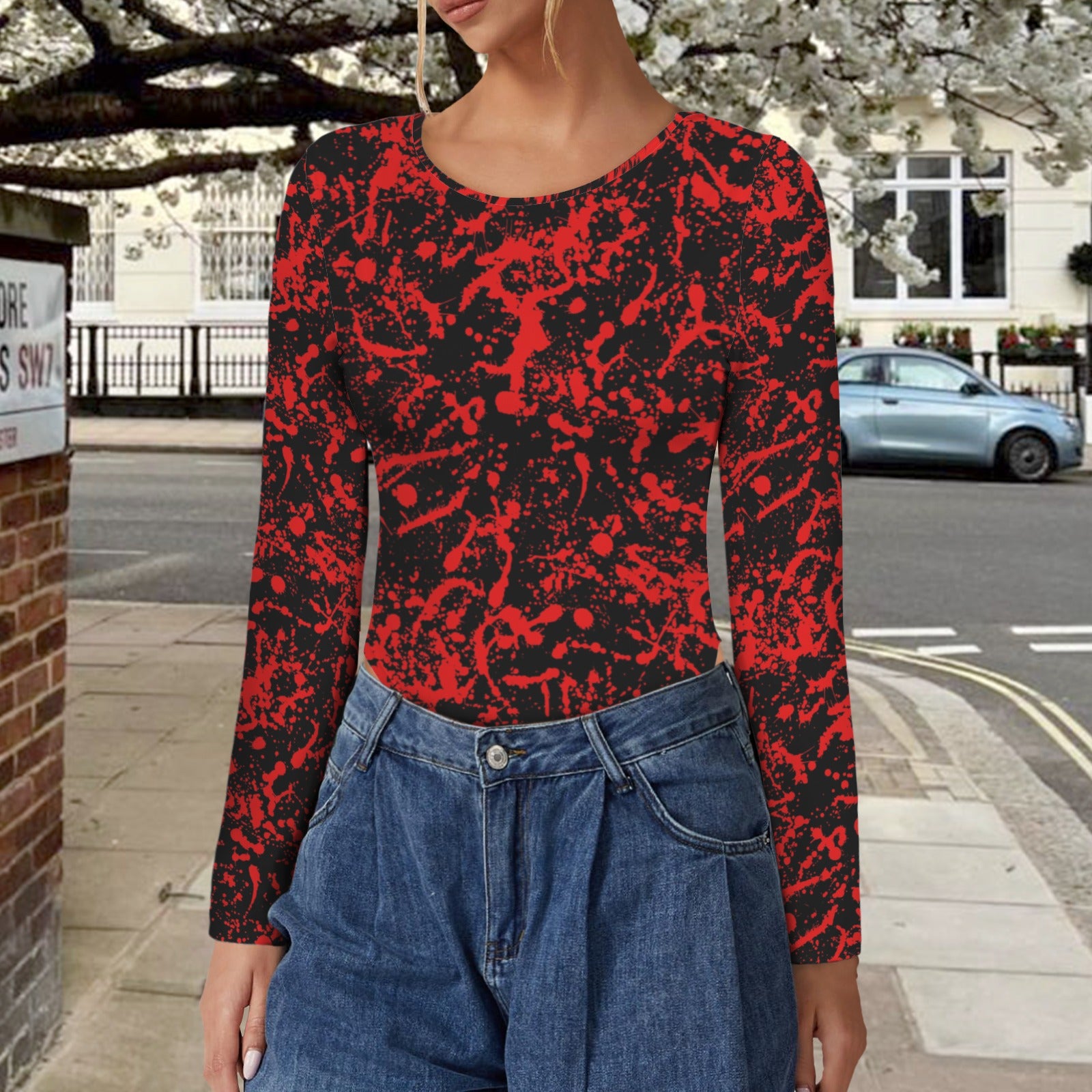 Blood splatter  long sleeve backless bodysuit