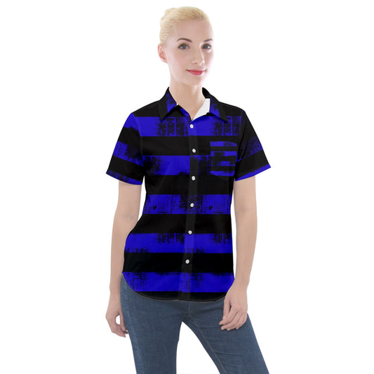 Blue Stripe Grunge Women's Short Sleeve Pocket Shirt freeshipping - Gothdollbymika