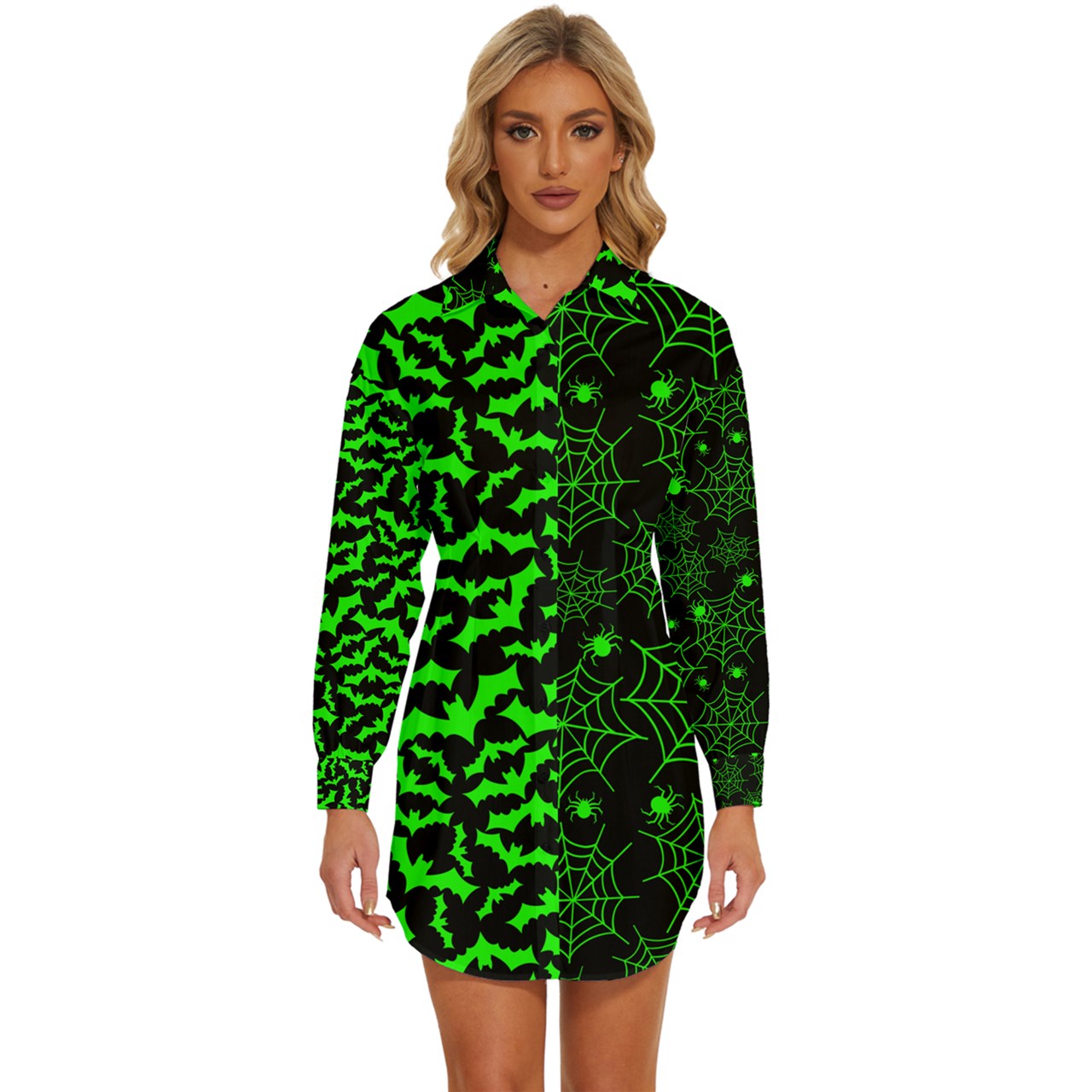 Neon Green Split Bat & Spiderweb  Long Sleeve Shirt Dress Gothdollbymika