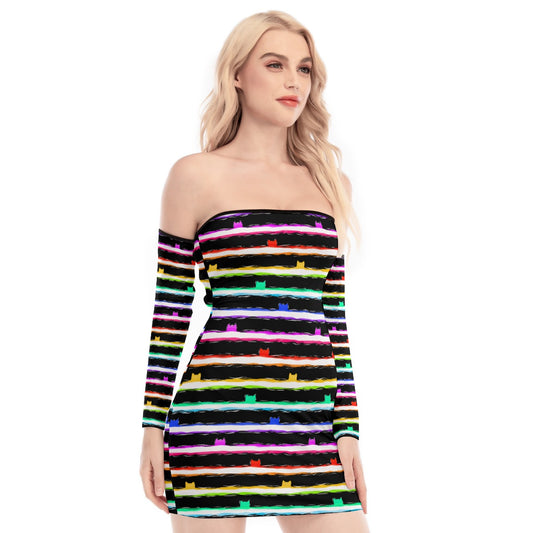 Stripe Cat Rainbow Off-shoulder Back Lace-up Dress