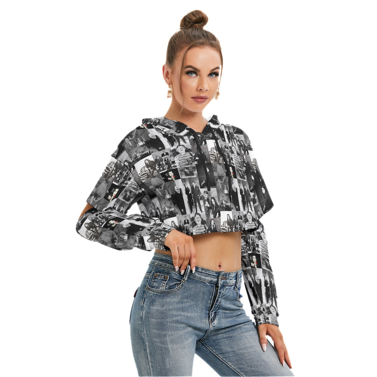 Addams Family Crop Hoodie With Hollow Out Sleeve