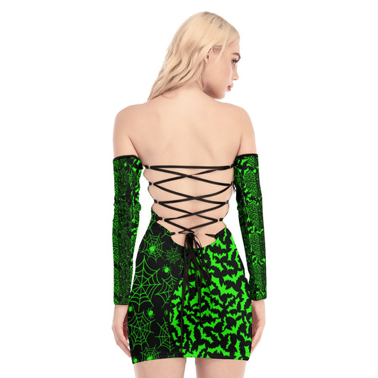Neon Green Split Bat & Spiderweb Off-shoulder Back Lace-up Dress spookydoll