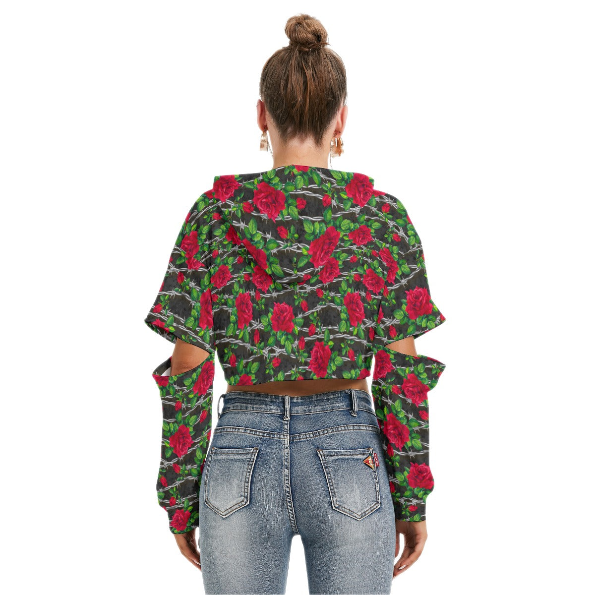 Barbed Wire Rose Crop Hoodie With Hollow Out Sleeve