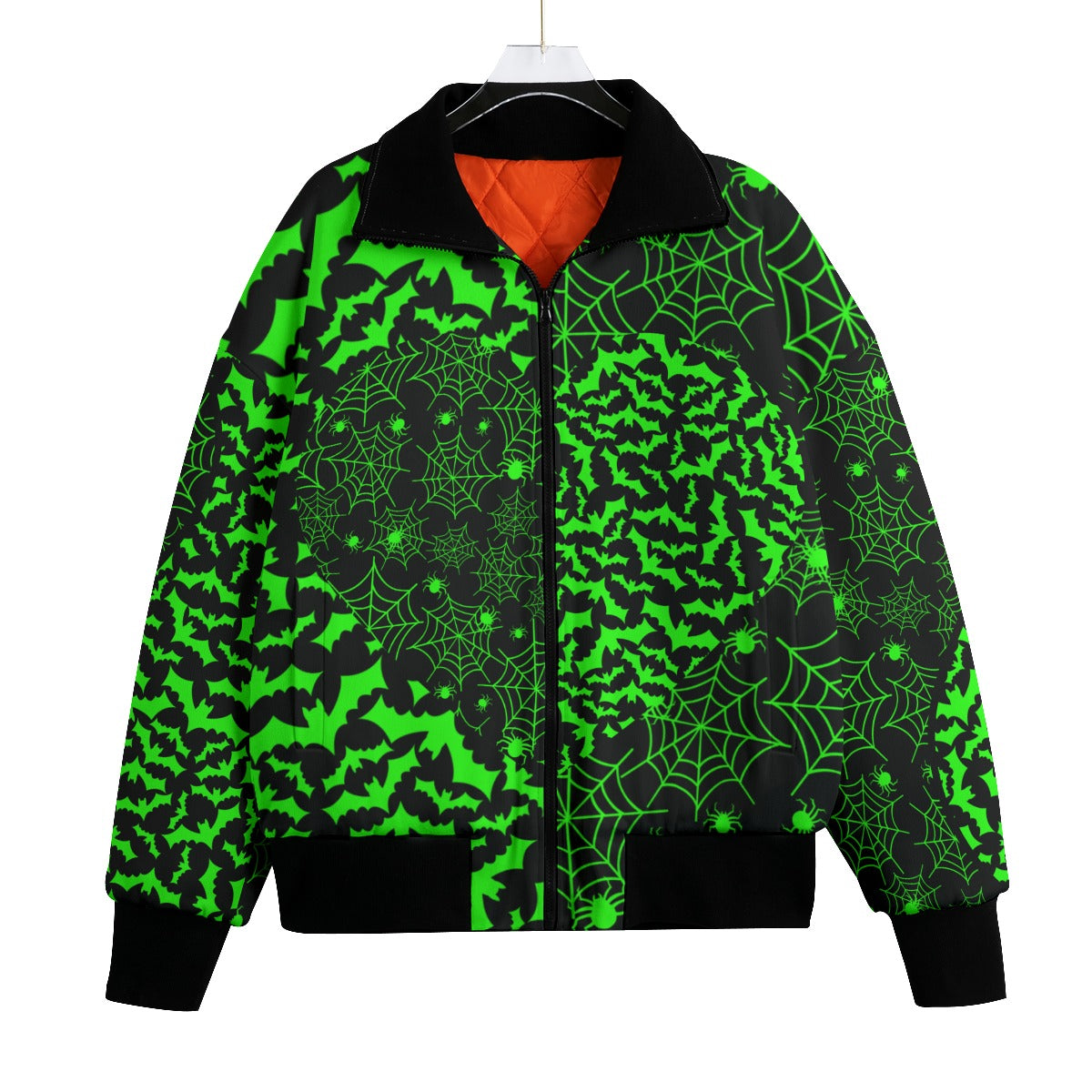 Neon Green Split Bat & Spiderweb Fleece Bomber Jacket spookydoll