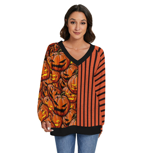 Split pumpkin & striped V-neck  Knitted Sweater