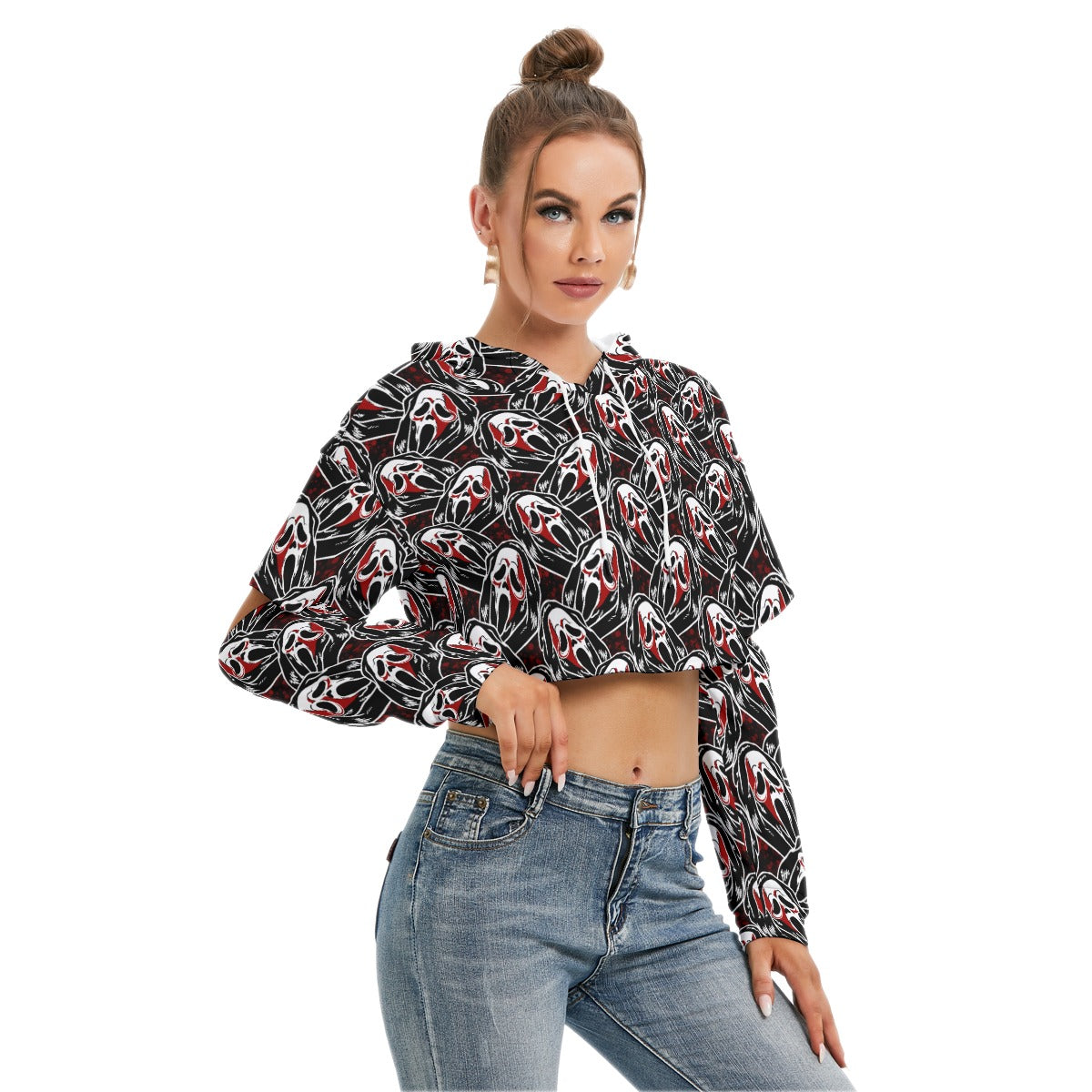 Scream Crop Hoodie With Hollow Out Sleeve