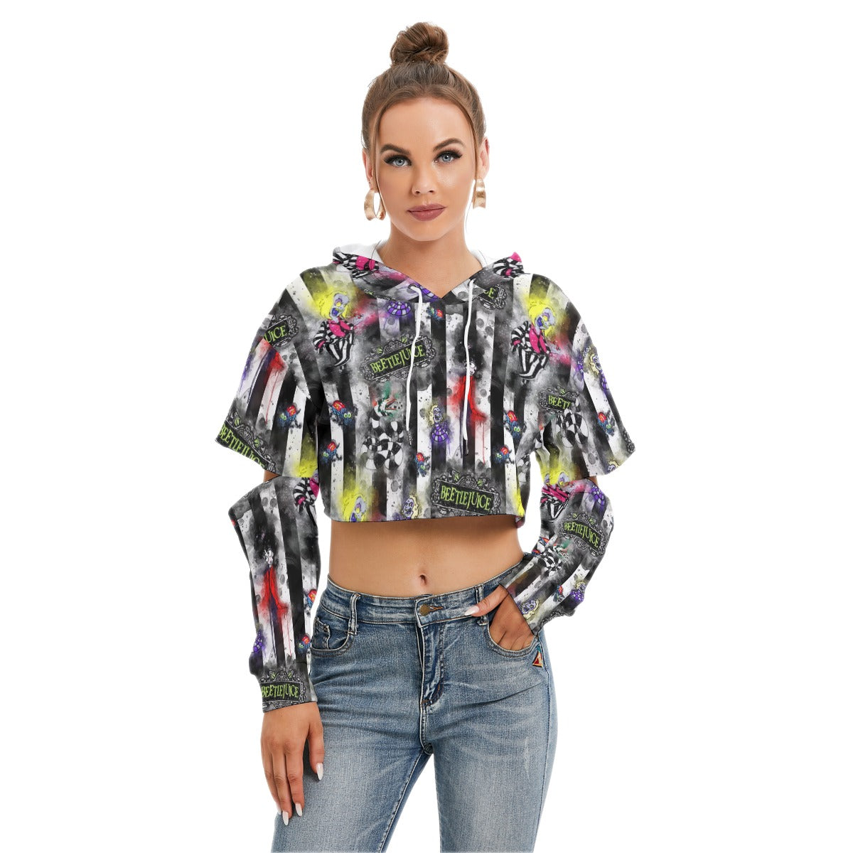 Beetlejuice Cropped Hoodie With Hollow Out Sleeve