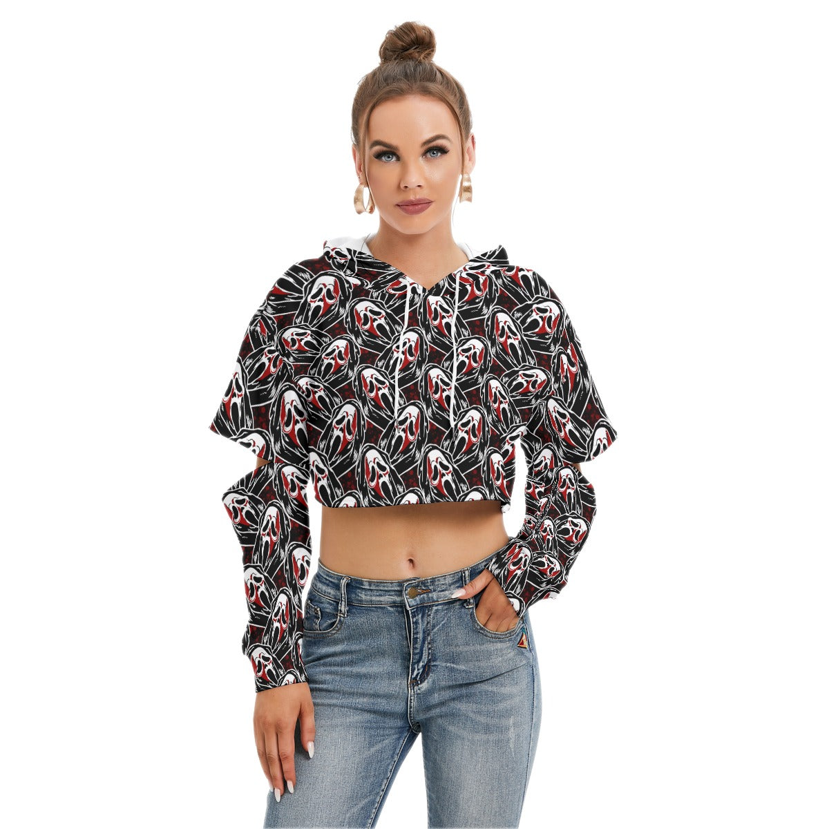 Scream Crop Hoodie With Hollow Out Sleeve