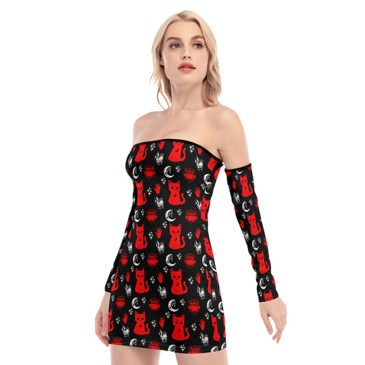 All-Over Print Women's Off-shoulder Back Lace-up Dress spookydoll