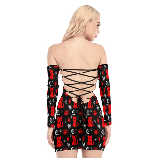 All-Over Print Women's Off-shoulder Back Lace-up Dress spookydoll