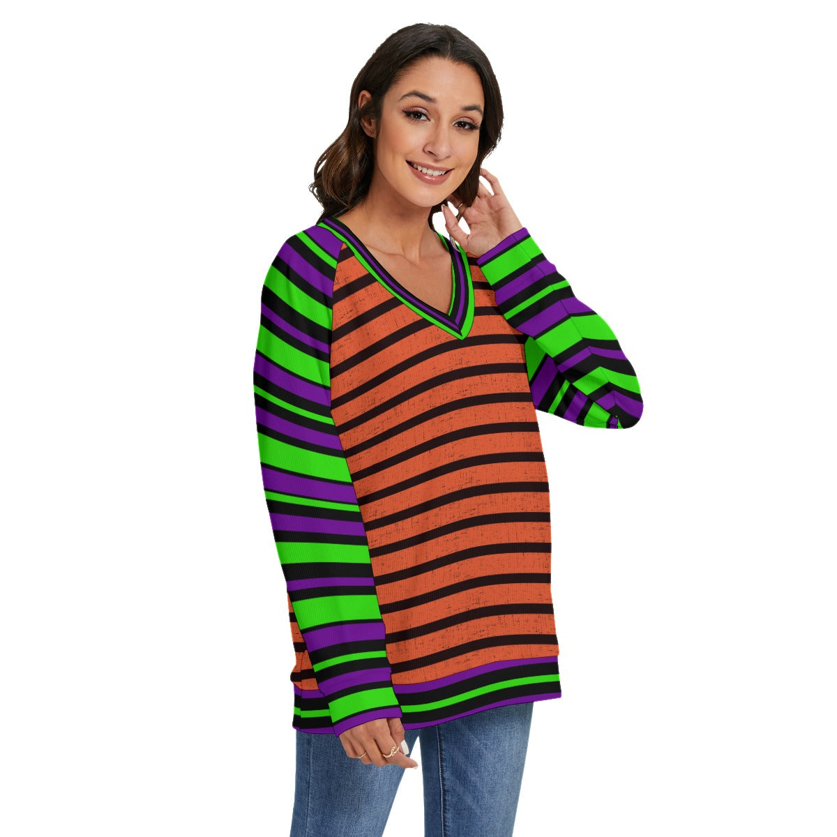 Halloween Striped V-neck  Knitted Sweater