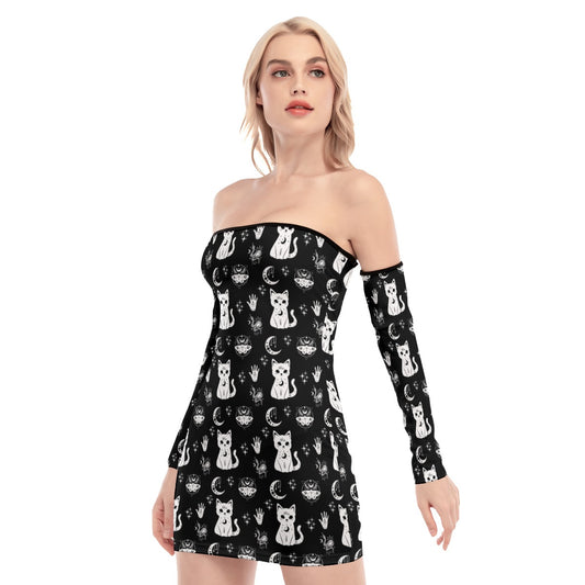 All-Over Print Women's Off-shoulder Back Lace-up Dress spookydoll