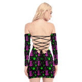 All-Over Print Women's Off-shoulder Back Lace-up Dress spookydoll