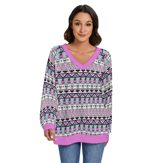 Pastel Halloween Holiday V-neck Knitted Sweater