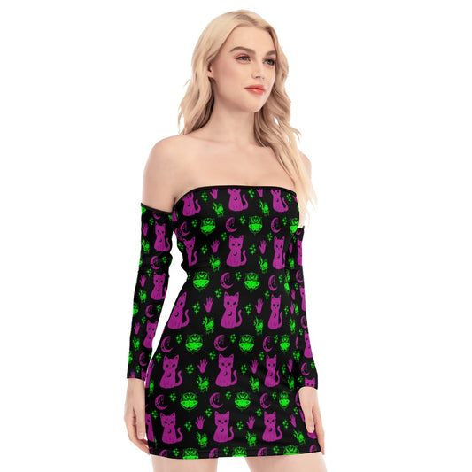 All-Over Print Women's Off-shoulder Back Lace-up Dress spookydoll