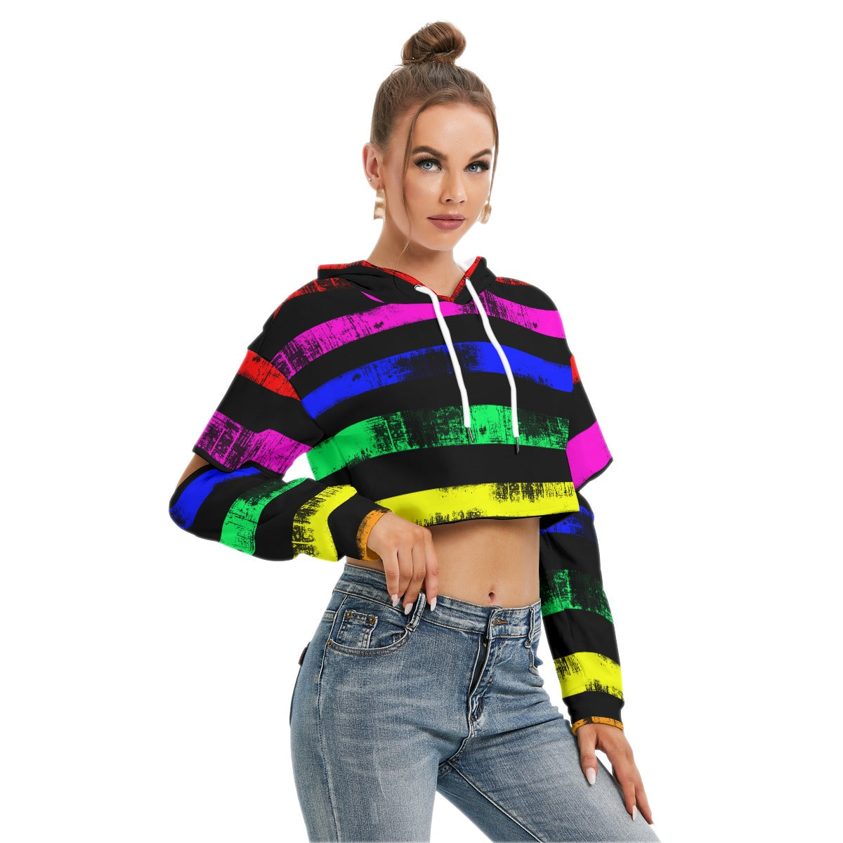 Rainbow crop Hoodie With Hollow Out Sleeve