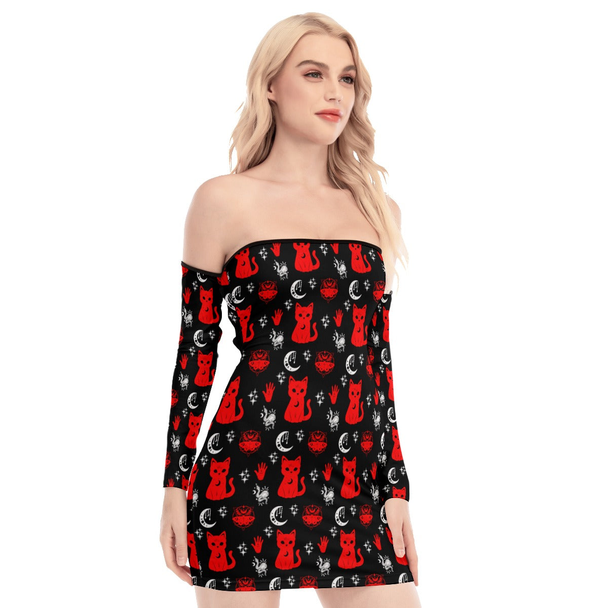 All-Over Print Women's Off-shoulder Back Lace-up Dress spookydoll