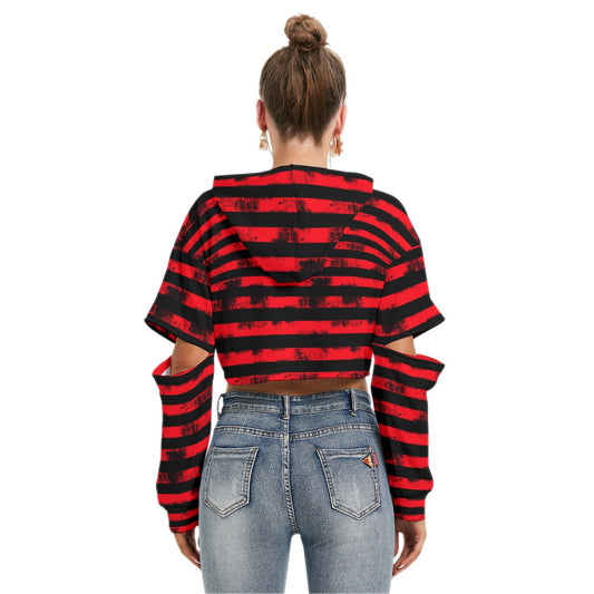 Red Stripe Crop Hoodie With Hollow Out Sleeve