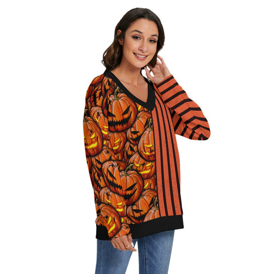 Split pumpkin & striped V-neck  Knitted Sweater