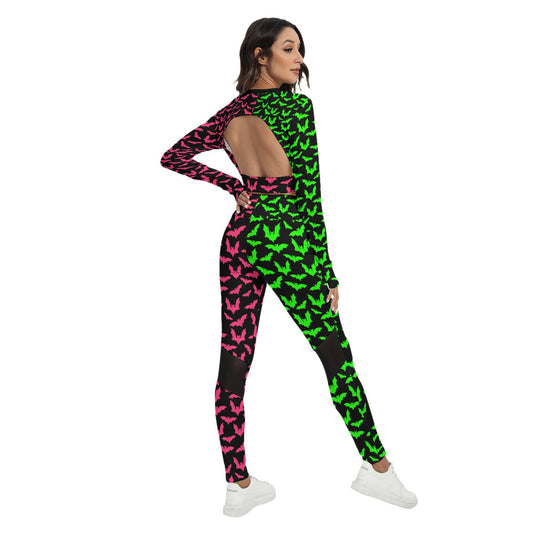 Green and Pink Split Bat Sport Set With Backless Top And Leggings spookydoll