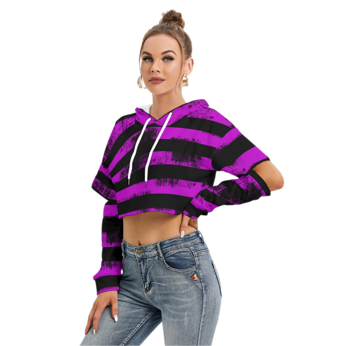 Purple Stripe Crop Hoodie With Hollow Out Sleeve