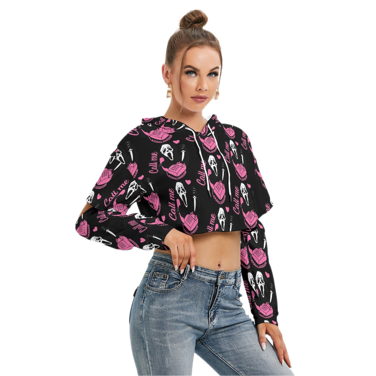 Ghostface Pink Crop Hoodie With Hollow Out Sleeve