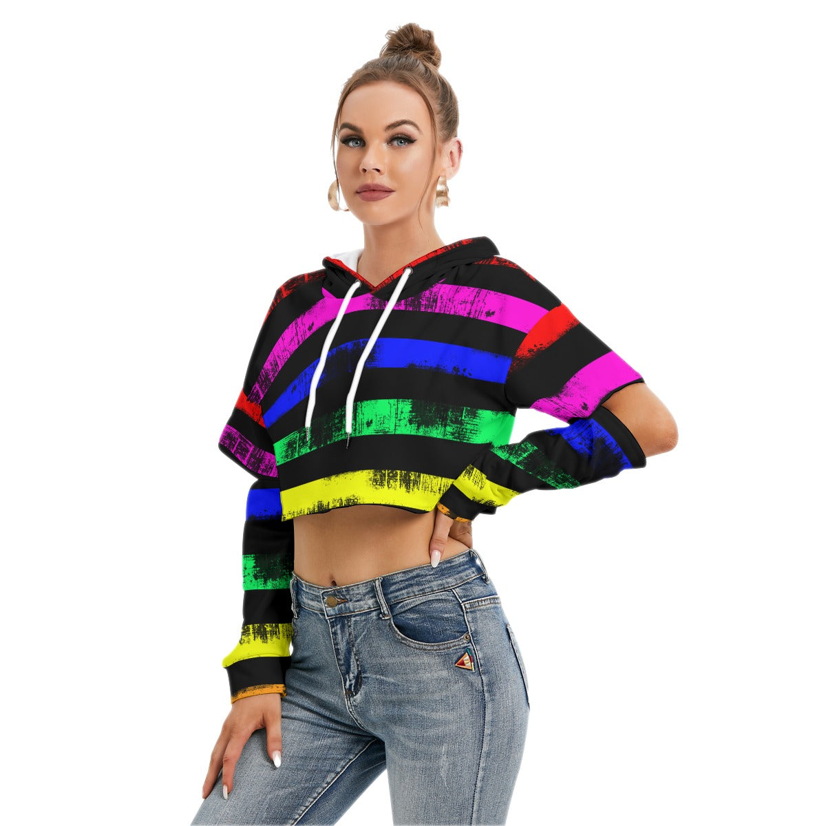 Rainbow crop Hoodie With Hollow Out Sleeve