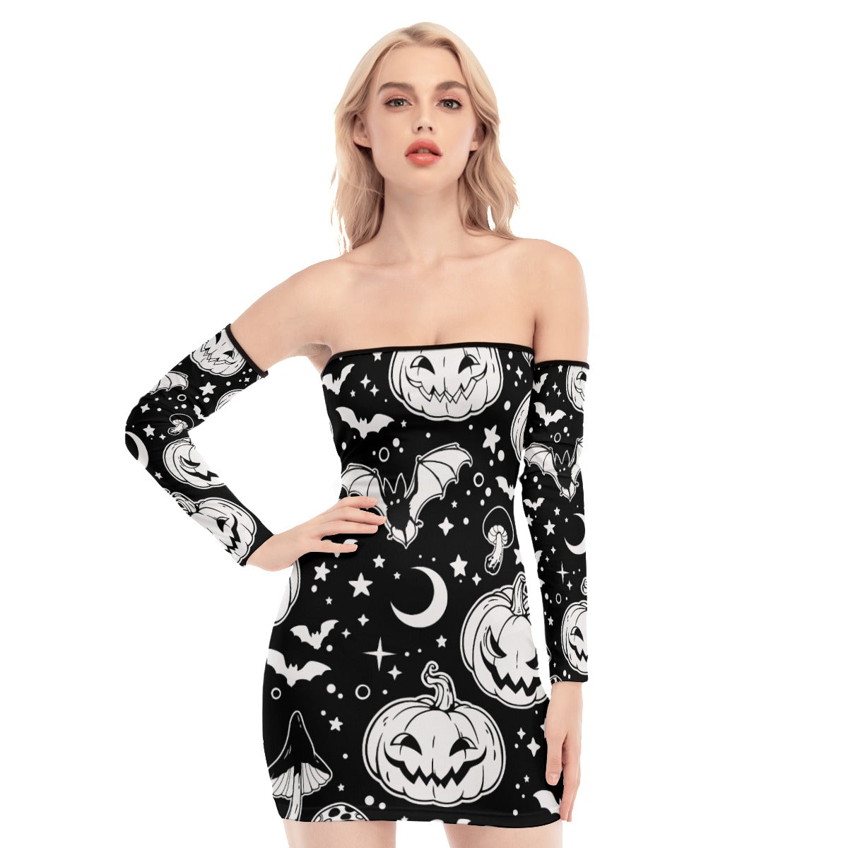 Pumpkin/ Bats Off-shoulder Back Lace-up Dress